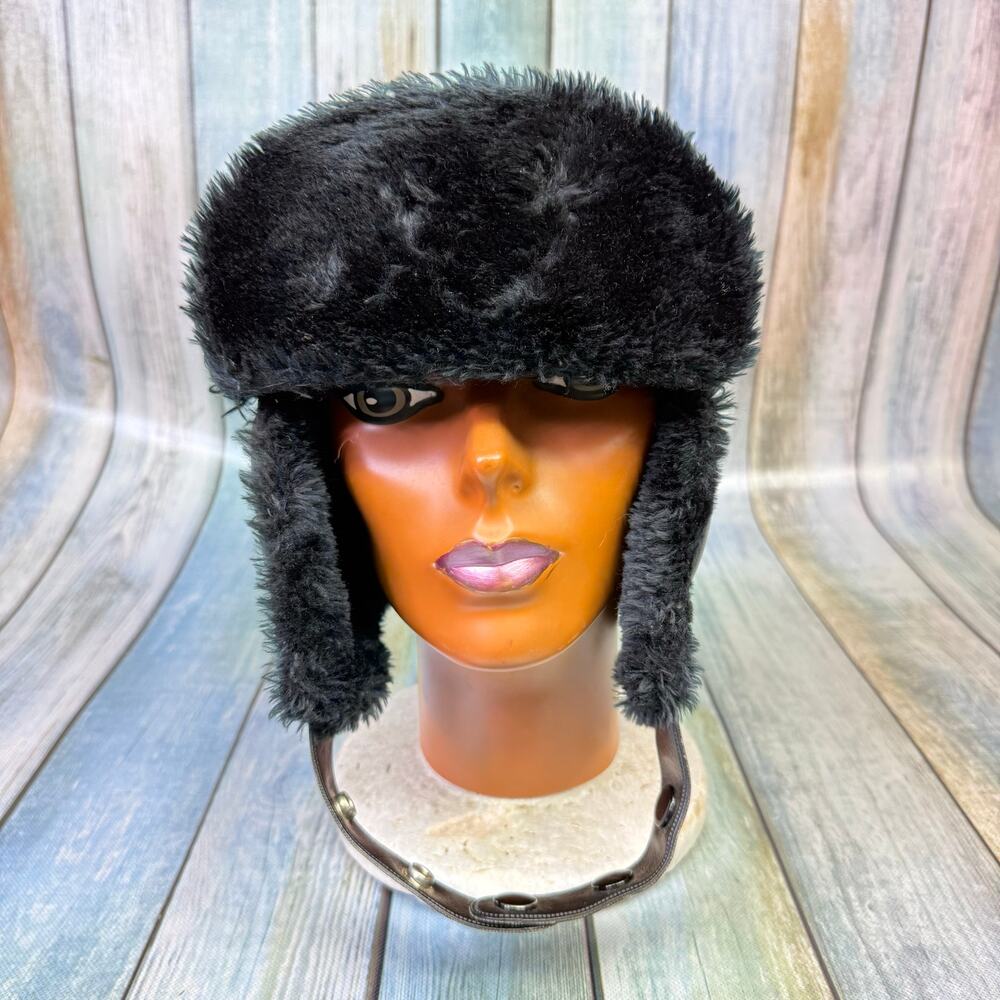 Black Leather Vintage Trooper Hat Made in Korea Cousin Eddie Ear Flap Aviator
